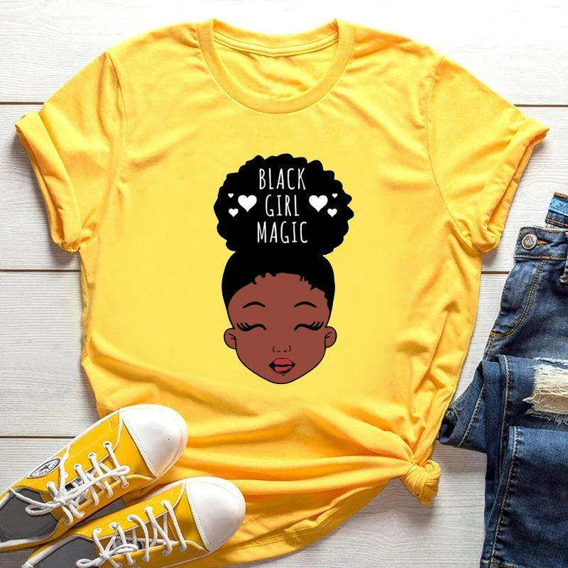 2024 Cool Melanin Tshirt Women Large Size Short Sleeve Top Yellow Femme T-Shirt Black Girl Magic Print Loose Female Clothes