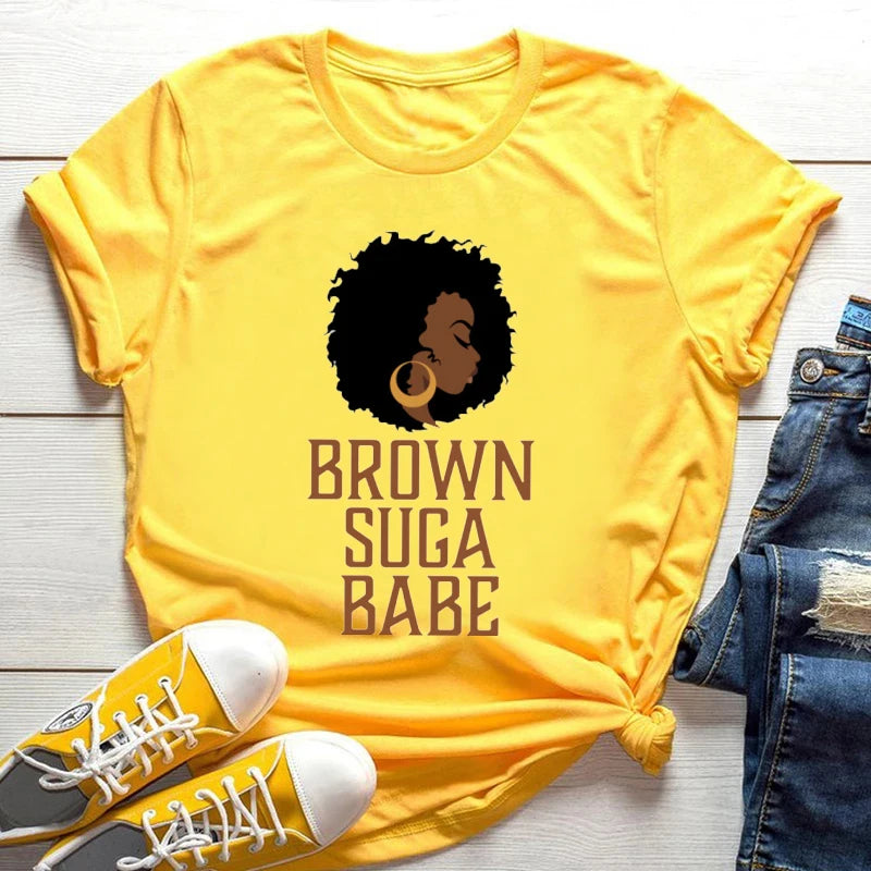 2024 Cool Melanin Tshirt Women Large Size Short Sleeve Top Yellow Femme T-Shirt Black Girl Magic Print Loose Female Clothes