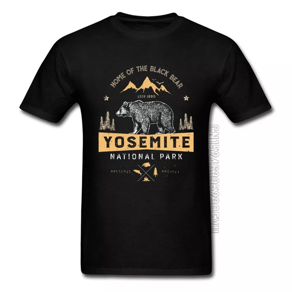 Stay Wild Forest Mountain Bear Tshirts Yosemite National Park California Animal Printed Men's T Shirt Cotton Custom Clothes