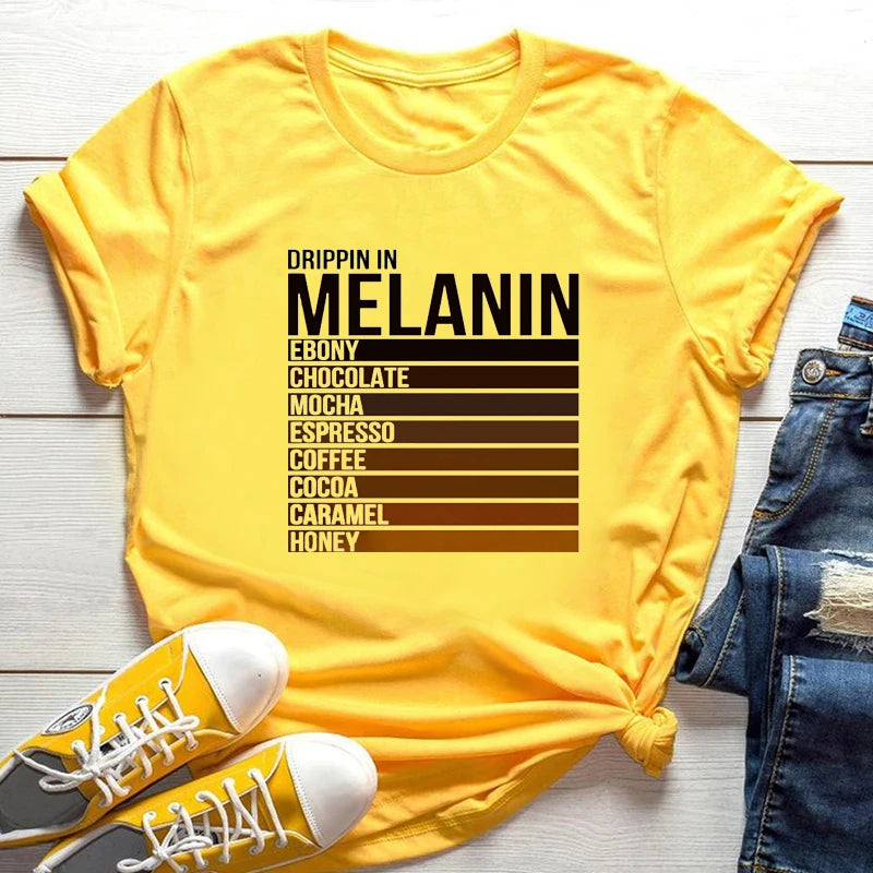 2024 Cool Melanin Tshirt Women Large Size Short Sleeve Top Yellow Femme T-Shirt Black Girl Magic Print Loose Female Clothes