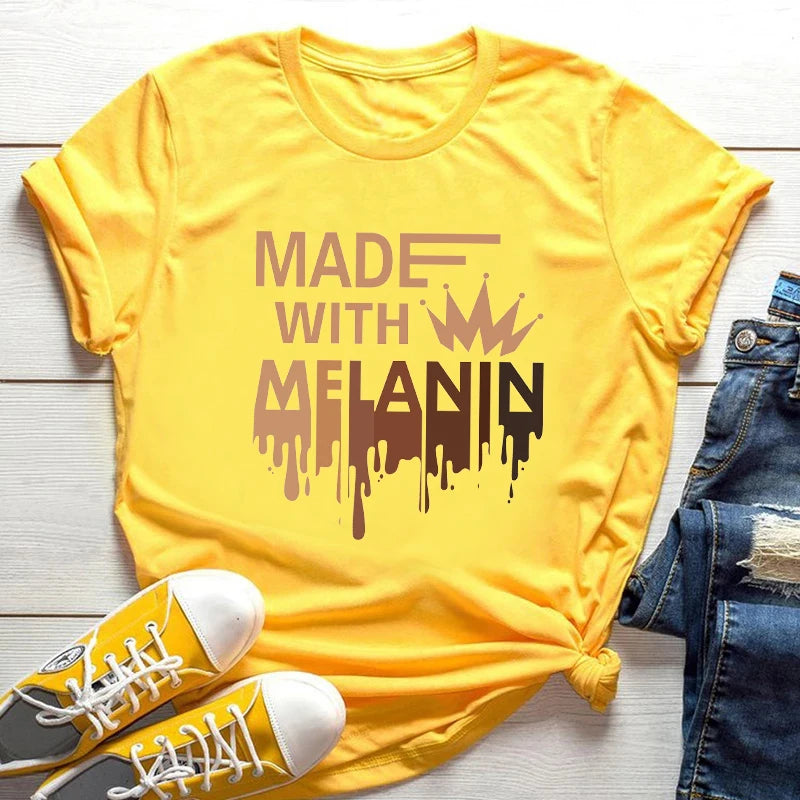 2024 Cool Melanin Tshirt Women Large Size Short Sleeve Top Yellow Femme T-Shirt Black Girl Magic Print Loose Female Clothes