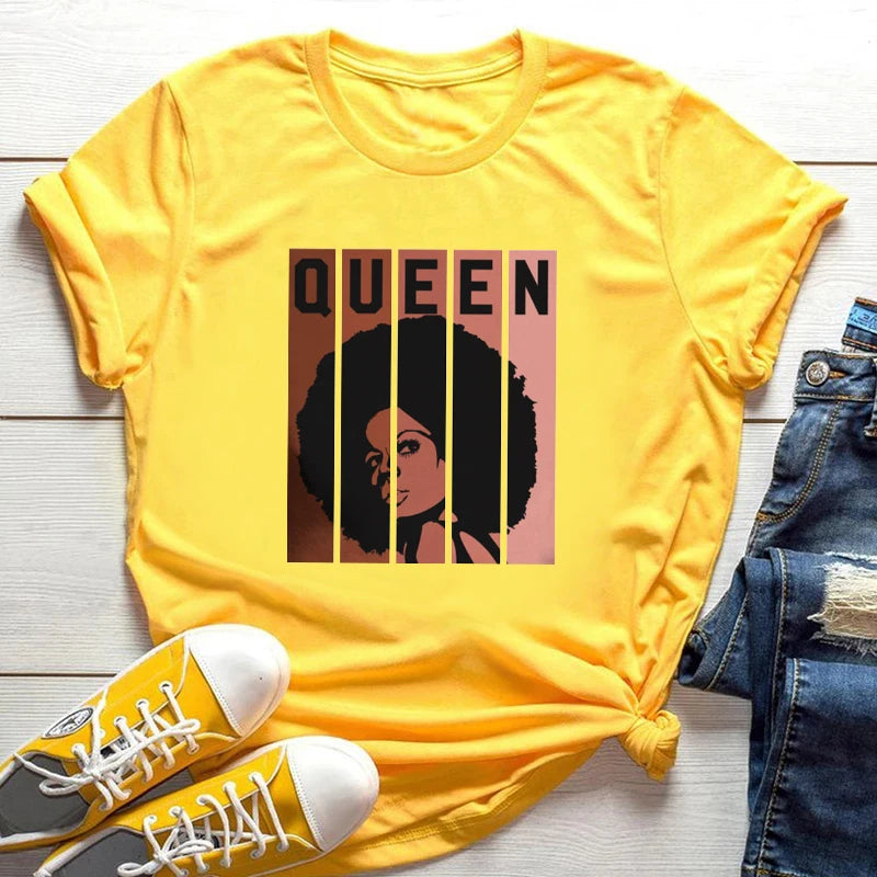 2024 Cool Melanin Tshirt Women Large Size Short Sleeve Top Yellow Femme T-Shirt Black Girl Magic Print Loose Female Clothes
