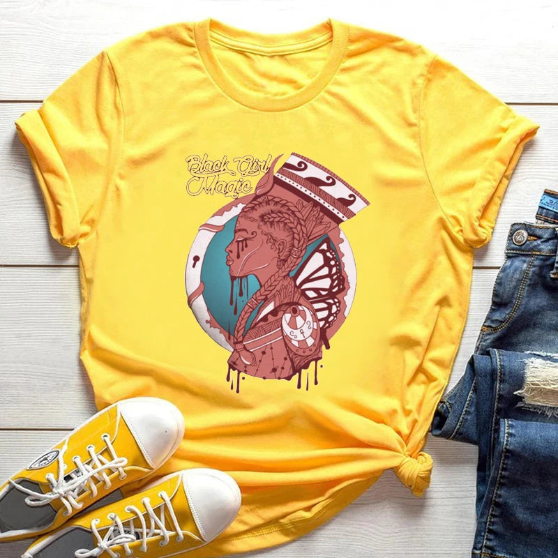 2024 Cool Melanin Tshirt Women Large Size Short Sleeve Top Yellow Femme T-Shirt Black Girl Magic Print Loose Female Clothes