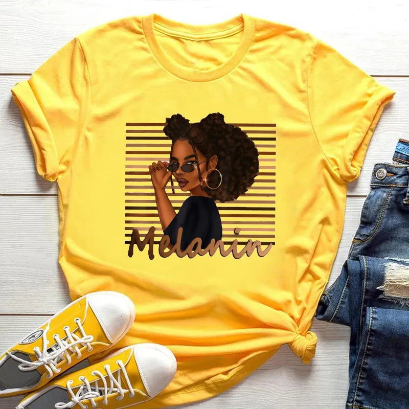 2024 Cool Melanin Tshirt Women Large Size Short Sleeve Top Yellow Femme T-Shirt Black Girl Magic Print Loose Female Clothes