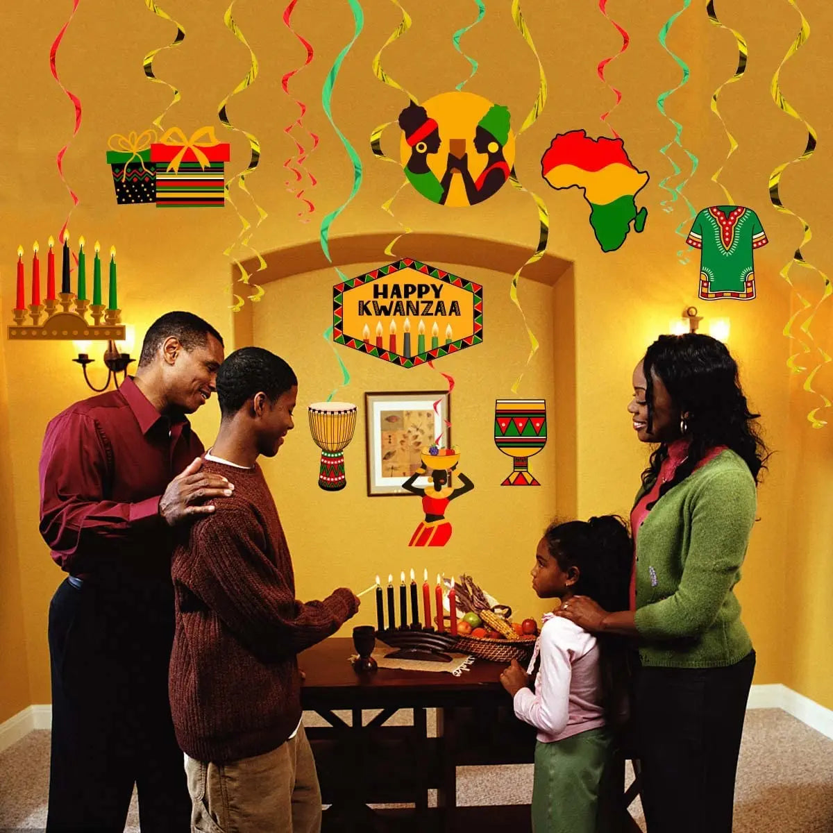 Happy Kwanzaa-African Heritage Holiday Decorations, Party Supplies, Hang Swirls, Celebration for Mantel, Fireplace Decor
