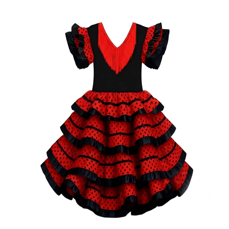 Girls Spanish Flamenco Dance Cosplay Long Dress Kids Carnival Ballroom Stage Outfit for Festival Theme Party Dress‑Up