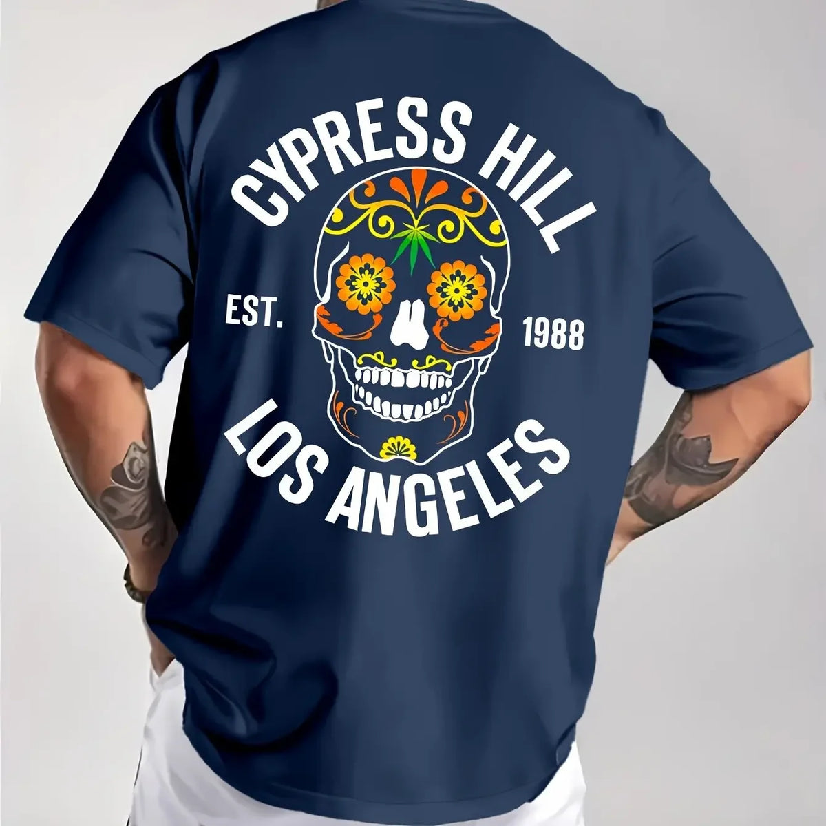 Los Angeles 1988 Sugar Skull Pattern Men's Pure Cotton T-shirt Hip Hop Street Top