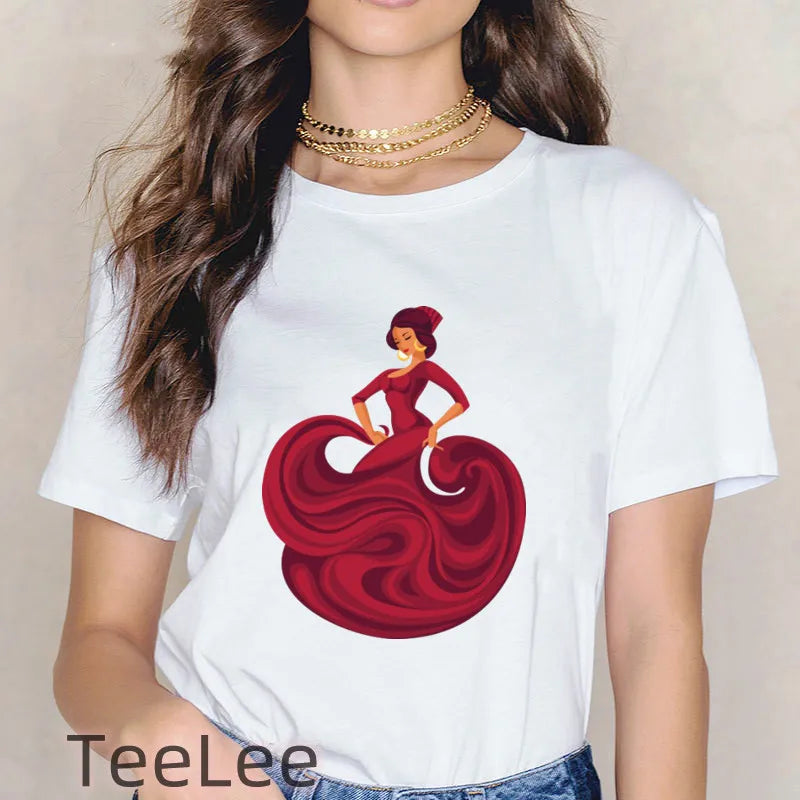 Spanish Dance T Shirt Print Flamenco Flamenca Women T-shirt Casual Short Sleeve Tee Girl Summer Clothes Fashion Female Tops
