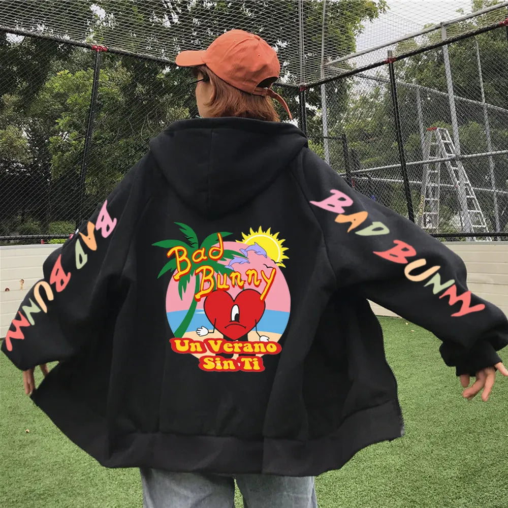 2022 Bad Bunny Un Verano Sin Ti Print Hoodie Men Fashion Zip Up Long Sleeve Jacket Coat Harajuku Gothic Y2K Teen Clothes