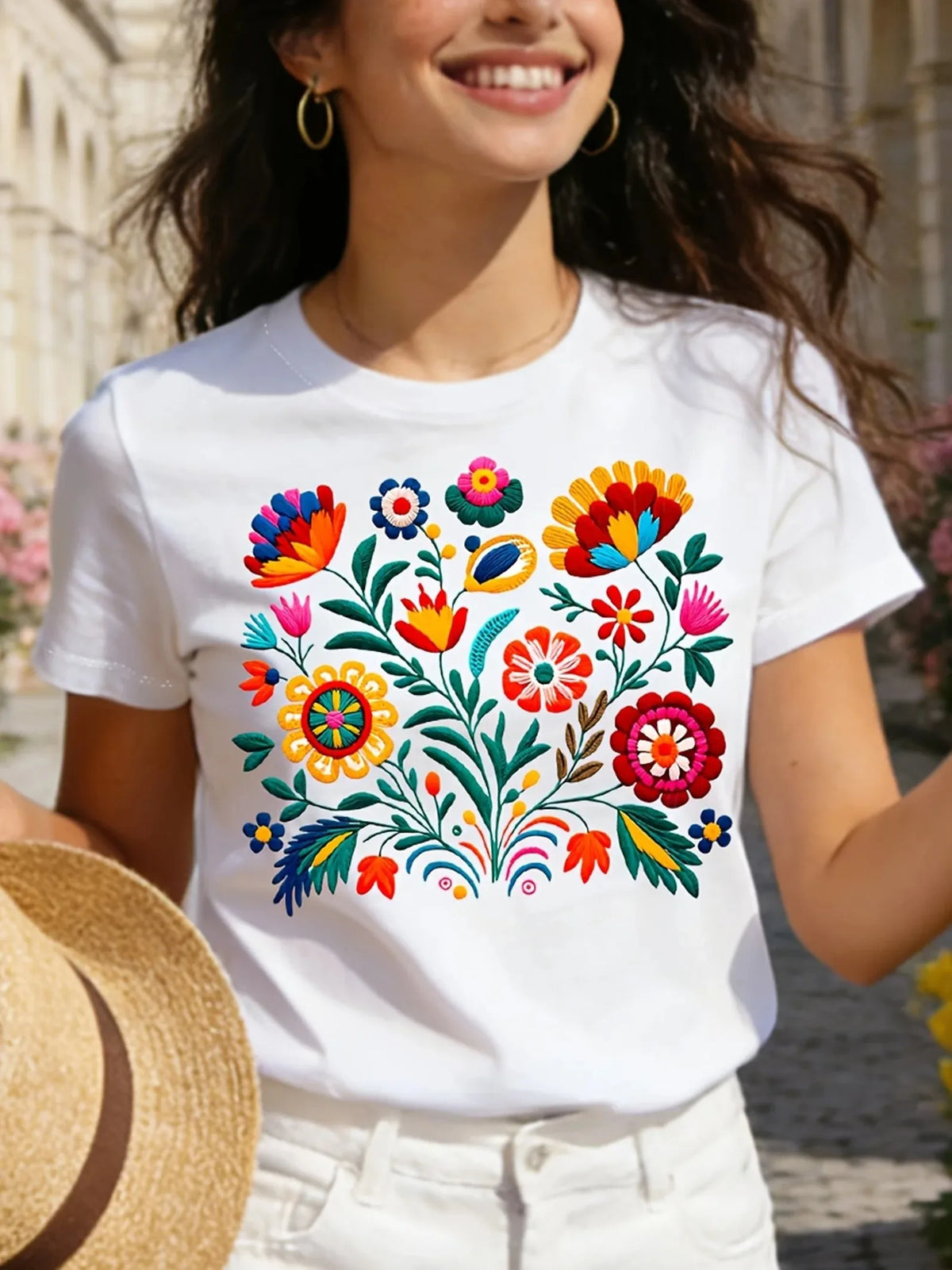 Mexican Floral Embroidery Graphic T-Shirt Folk Art Style Short Sleeve Casual Women Tee Mexican Culture Inspired Flower Top