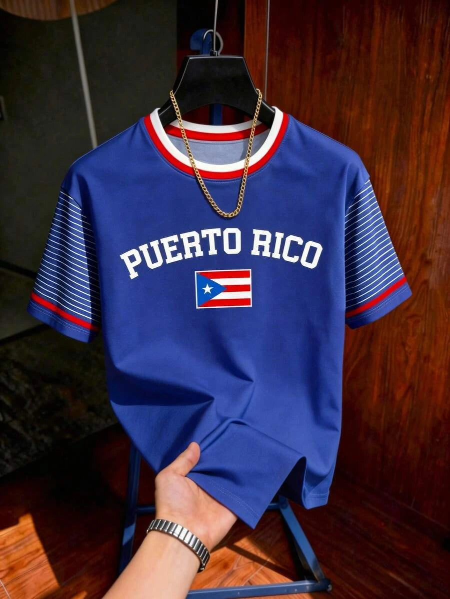 2026 Puerto Rico Patriotic Letter 3D Print Striped Raglan Sleeve Crew Neck T-Shirt Unisex Casual Streetwear Short Sleeve Top