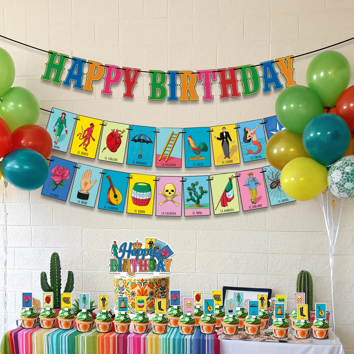 Traditional Colorful Mexican Decoration, Pre-strung Mexican Game Theme Birthday Banner & Cake Cupcake Topper