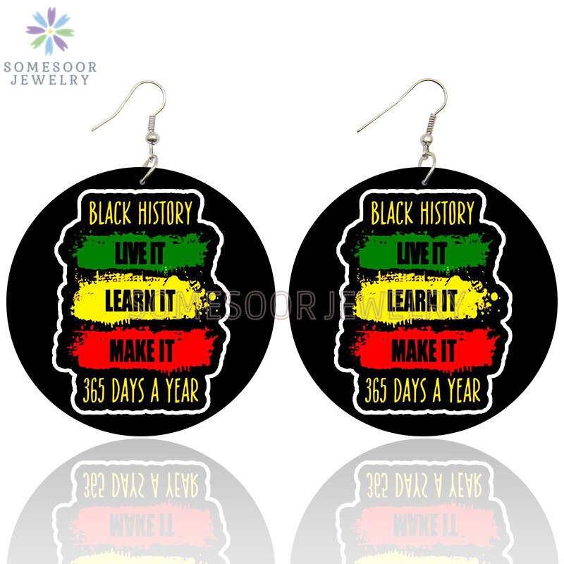 SOMESOOR Black History Powerful Sayings Printed Wooden Drop Earrings African American HBCU Inspired Loops Dangle For Women Gifts