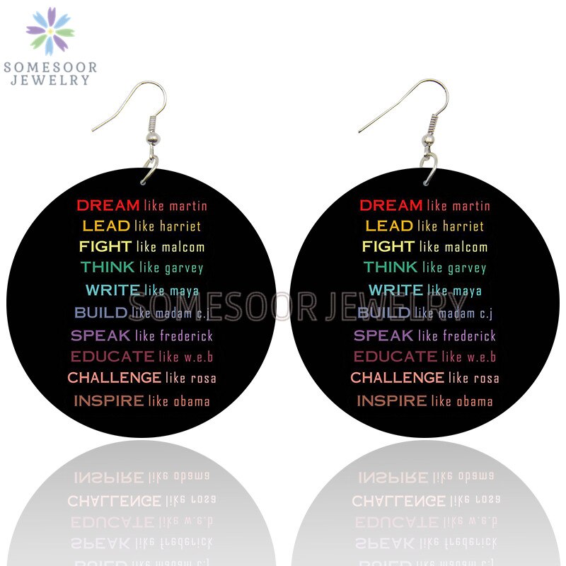 SOMESOOR Black History Powerful Sayings Printed Wooden Drop Earrings African American HBCU Inspired Loops Dangle For Women Gifts