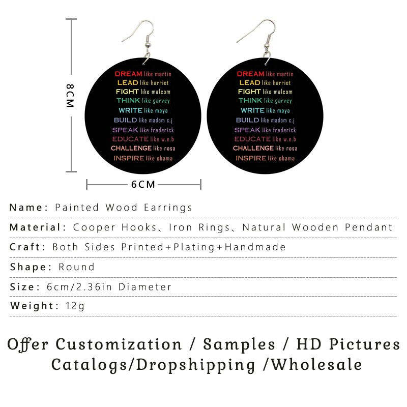 SOMESOOR Black History Powerful Sayings Printed Wooden Drop Earrings African American HBCU Inspired Loops Dangle For Women Gifts