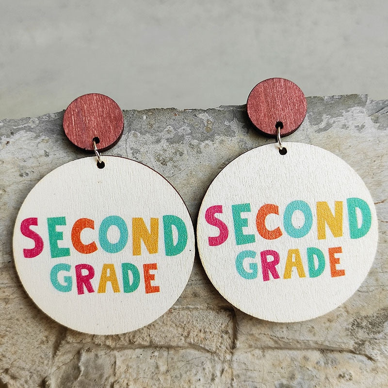 Cute Pencil Letter Cartoon Wood Earrings For Women Leopard Apple Rainbow Round Wood Teacher Student Grade Earring School Jewelry