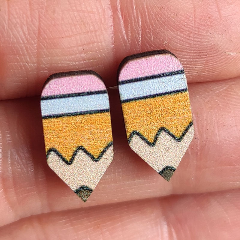 Cute Pencil Letter Cartoon Wood Earrings For Women Leopard Apple Rainbow Round Wood Teacher Student Grade Earring School Jewelry