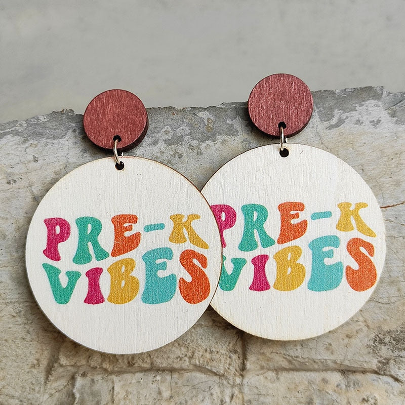 Cute Pencil Letter Cartoon Wood Earrings For Women Leopard Apple Rainbow Round Wood Teacher Student Grade Earring School Jewelry