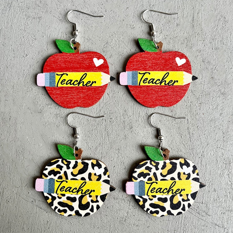 Cute Pencil Letter Cartoon Wood Earrings For Women Leopard Apple Rainbow Round Wood Teacher Student Grade Earring School Jewelry
