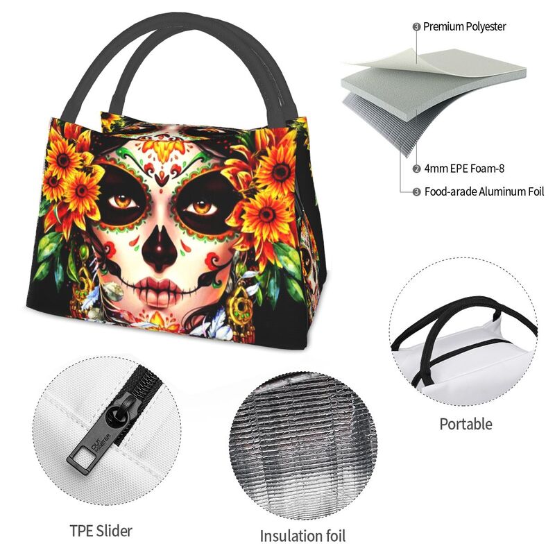 Catrina Thermal Insulated Lunch Bag Women Mexican Sugar Skull Girl Portable Lunch Tote for Office Outdoor Storage Meal Food Box
