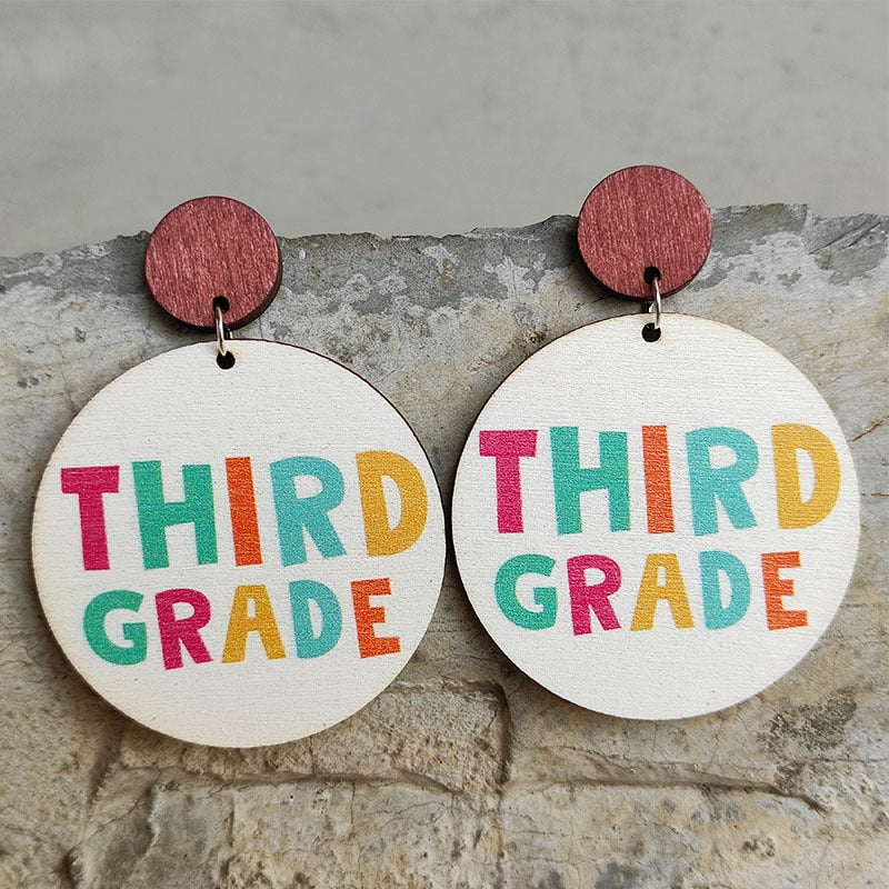 Cute Pencil Letter Cartoon Wood Earrings For Women Leopard Apple Rainbow Round Wood Teacher Student Grade Earring School Jewelry