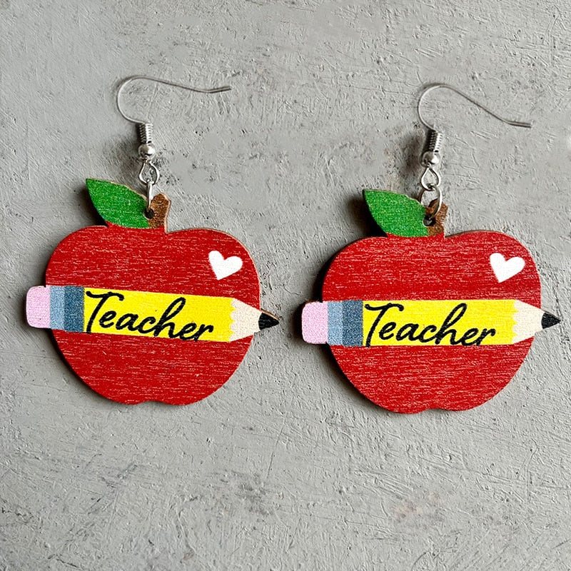 Cute Pencil Letter Cartoon Wood Earrings For Women Leopard Apple Rainbow Round Wood Teacher Student Grade Earring School Jewelry