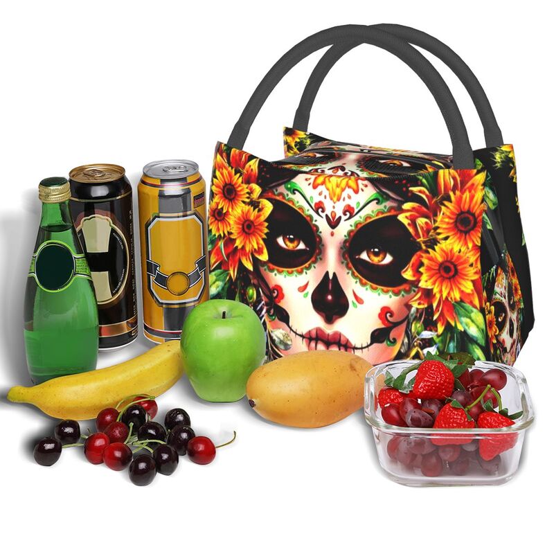 Catrina Thermal Insulated Lunch Bag Women Mexican Sugar Skull Girl Portable Lunch Tote for Office Outdoor Storage Meal Food Box