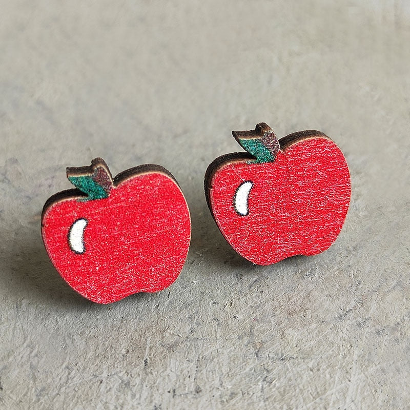 Cute Pencil Letter Cartoon Wood Earrings For Women Leopard Apple Rainbow Round Wood Teacher Student Grade Earring School Jewelry
