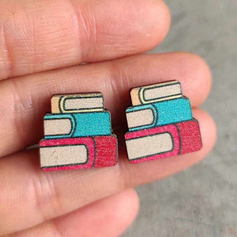 Cute Pencil Letter Cartoon Wood Earrings For Women Leopard Apple Rainbow Round Wood Teacher Student Grade Earring School Jewelry