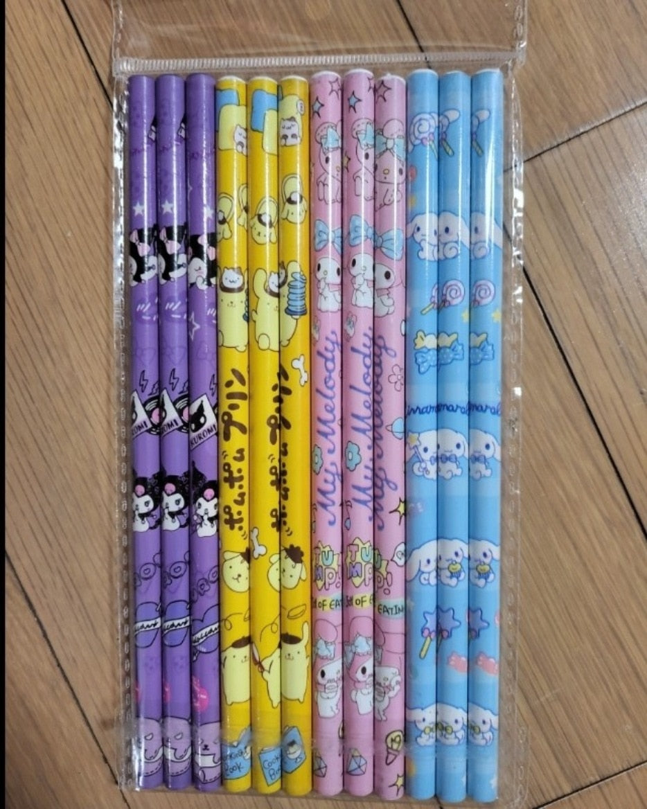12Pcs Set Sanrio Pencils Students Stationery Pupil Anime My Melody Kuromi Cinnamoroll Cute Practical School Supplies Kids Gifts