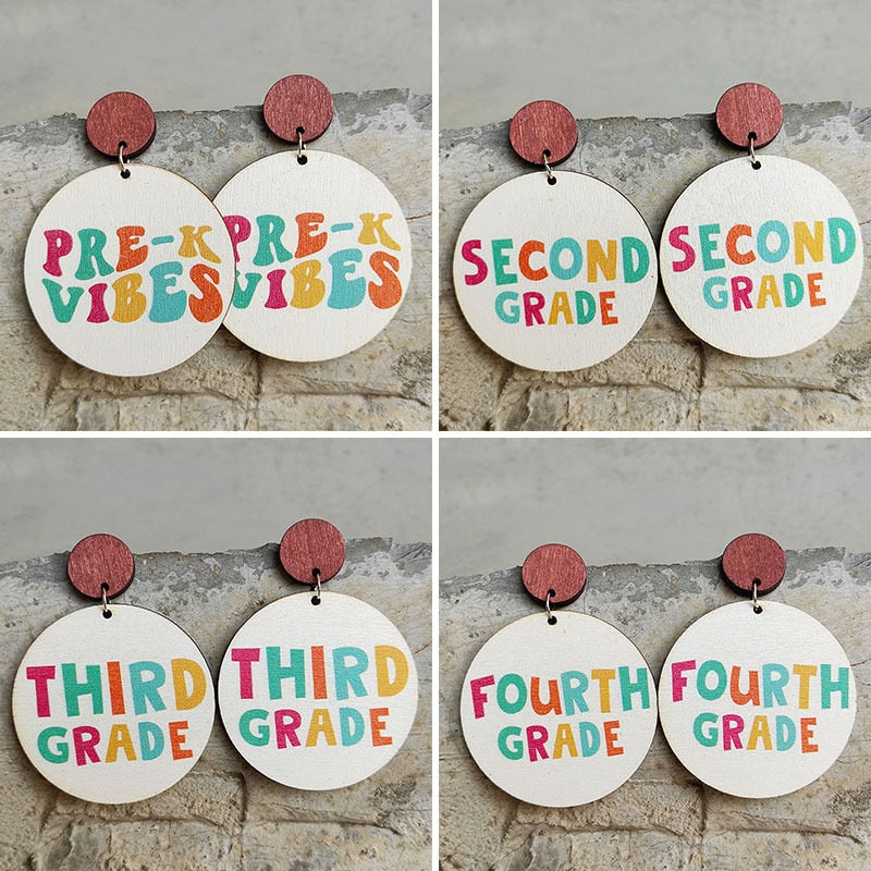 Cute Pencil Letter Cartoon Wood Earrings For Women Leopard Apple Rainbow Round Wood Teacher Student Grade Earring School Jewelry