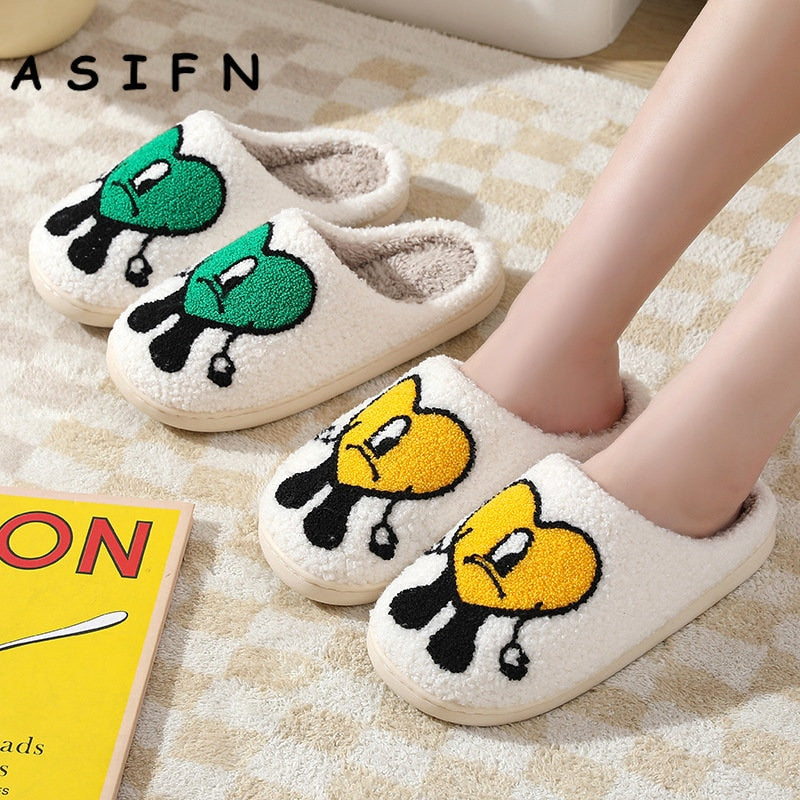 ASIFN Winter Home Warm Women Slippers House Girl Fur Cute Bad Bunny Love Cushion Slides Bedroom Ladies Cotton Female Plush Shoes