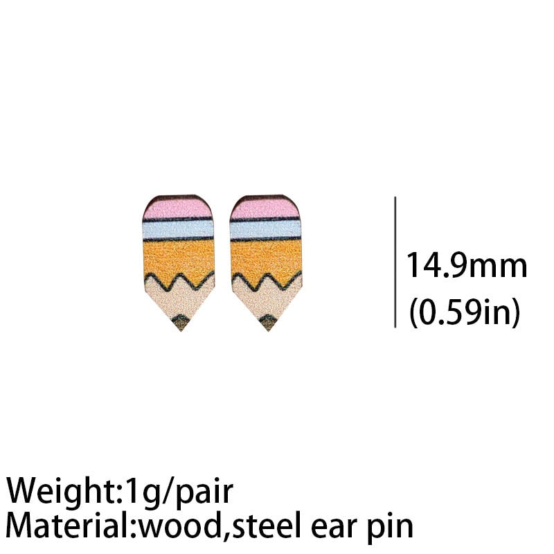 Cute Pencil Letter Cartoon Wood Earrings For Women Leopard Apple Rainbow Round Wood Teacher Student Grade Earring School Jewelry