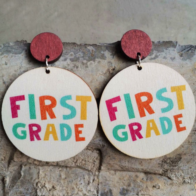 Cute Pencil Letter Cartoon Wood Earrings For Women Leopard Apple Rainbow Round Wood Teacher Student Grade Earring School Jewelry