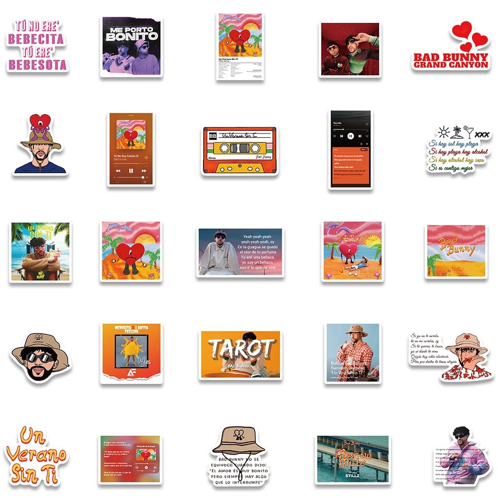 10/50/100/pack Singer Star Bad Bunny Album Stickers For Guitar Toy Bicycle Motorcycle Car Skateboard Snowboard Laptop Luggage