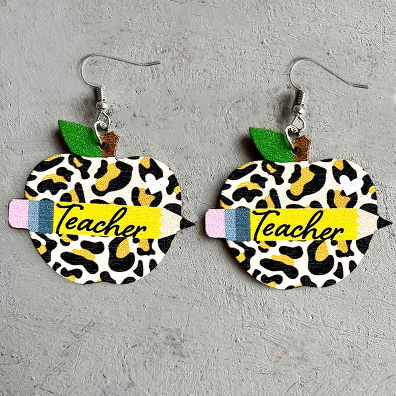 Cute Pencil Letter Cartoon Wood Earrings For Women Leopard Apple Rainbow Round Wood Teacher Student Grade Earring School Jewelry