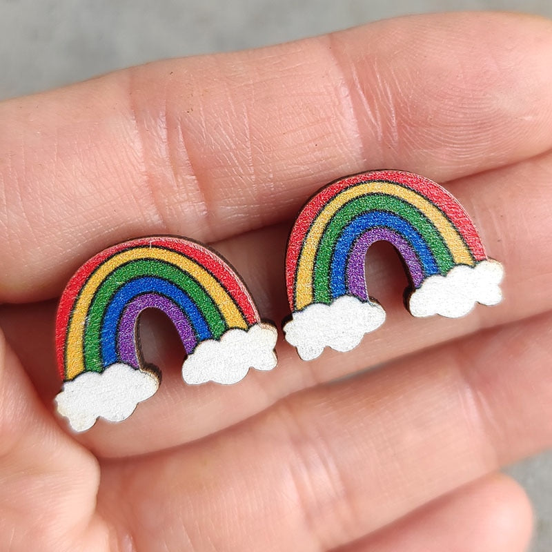 Cute Pencil Letter Cartoon Wood Earrings For Women Leopard Apple Rainbow Round Wood Teacher Student Grade Earring School Jewelry