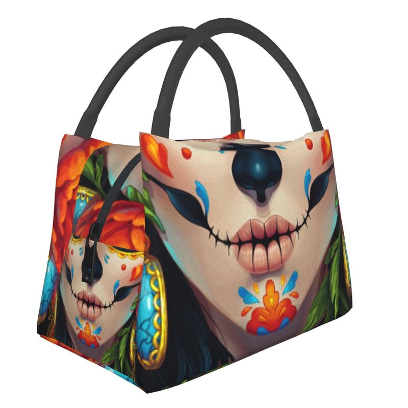 Catrina Thermal Insulated Lunch Bag Women Mexican Sugar Skull Girl Portable Lunch Tote for Office Outdoor Storage Meal Food Box