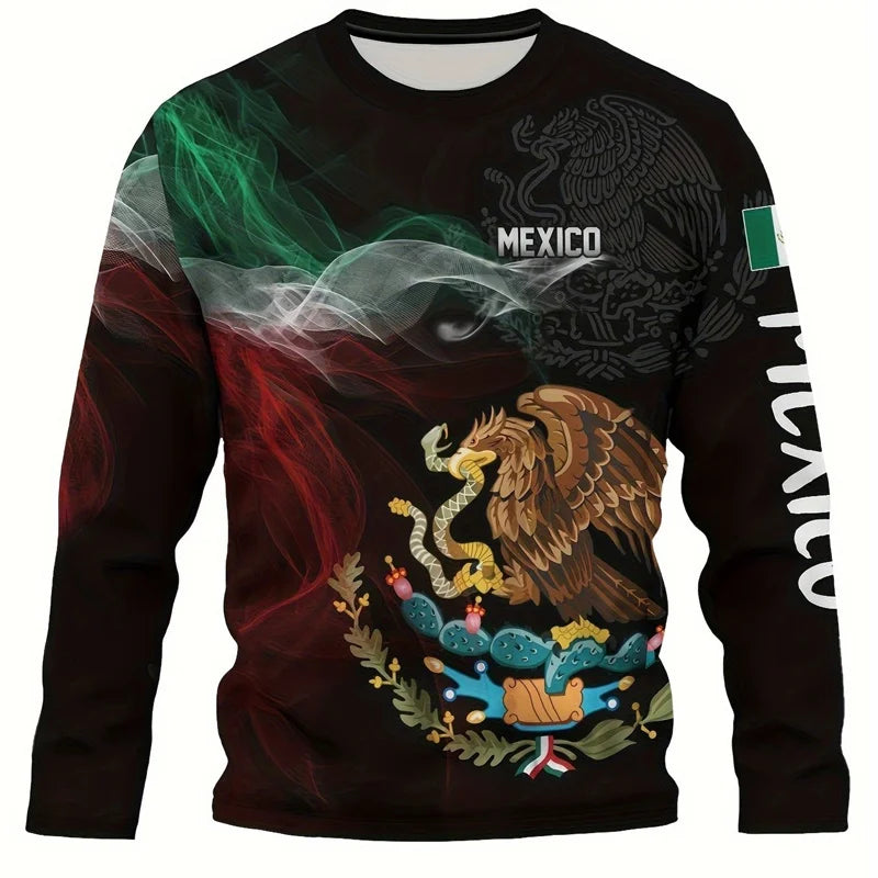Mexican Flag Map 3D Printing Long Sleeve T Shirt Mexico Flag AZTEC Graphic  Long Sleeve Crew Neck Shirt Oversized T Shirt Men