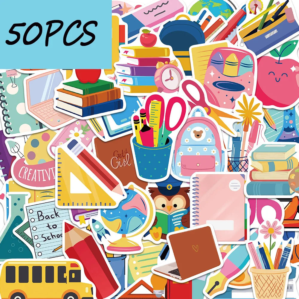 50pcs school supplies series stickers, suitable for decorating notebooks, suitcases, phone cases, waterproof stickers