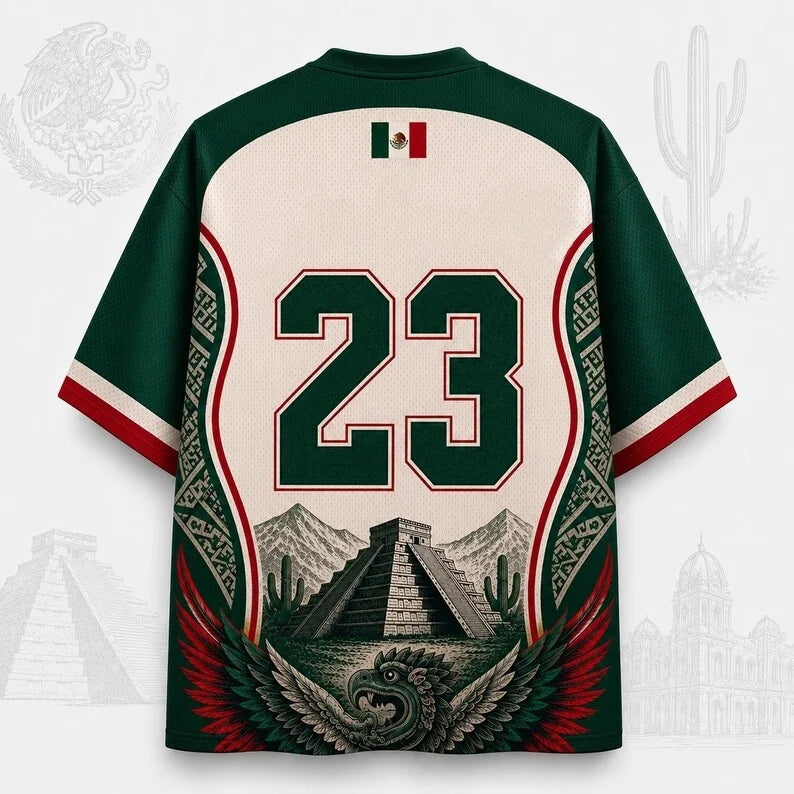 Mexican National Football Jersey Men's Aztec Pyramid Pattern V-neck Mesh Football Shirt Short Sleeved Sports T-shirt