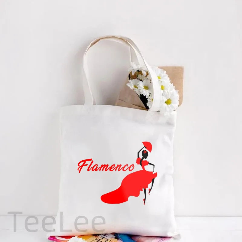 Flamenco Canvas Shoulder Tote Bag Printing Flamenca Spain Sevilla Seville Reusable Grocery Bag Women's Large Shopping Handbags