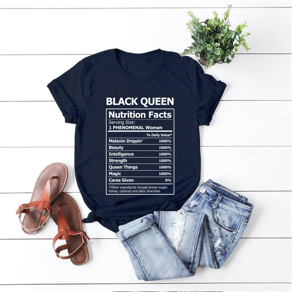 2020 Black Queen Nutritional Facts T-Shirt Black Girl Magic Shirt Women Melanin Shirts Black Power Queen Graphic Tee