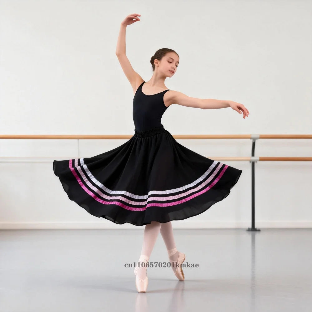 Spanish Traditional Flamenco Dance Skirts Girls Chiffon Elastic Waist Full Circle Ribbons Skirt Large Swing Performing Skirts
