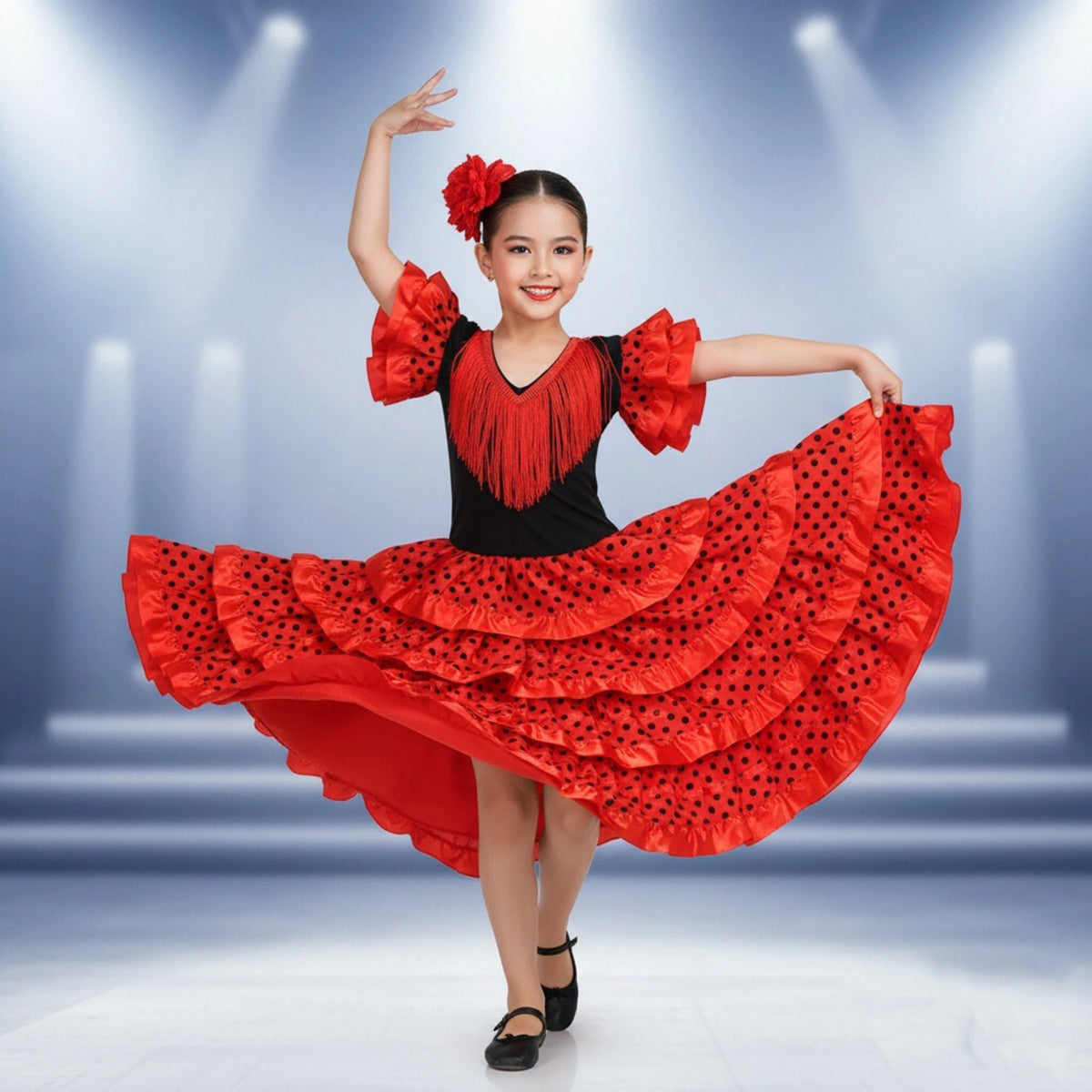 Girls Spanish Flamenco Dance Cosplay Long Dress Kids Carnival Ballroom Stage Outfit for Festival Theme Party Dress‑Up