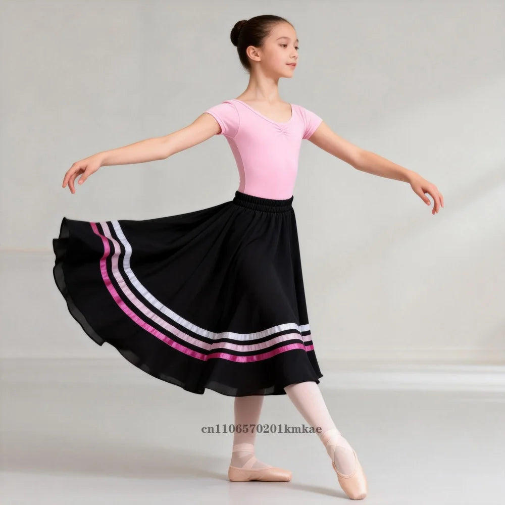 Spanish Traditional Flamenco Dance Skirts Girls Chiffon Elastic Waist Full Circle Ribbons Skirt Large Swing Performing Skirts