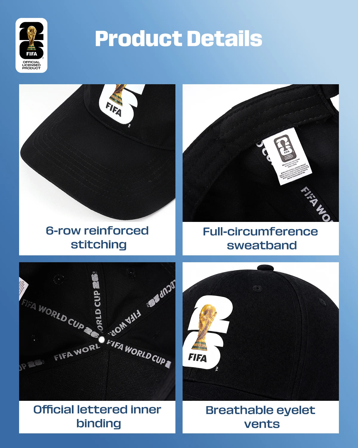Official FIFA 2026 World Cup Licensed Flat Baseball Cap Breathable Adjustable Baseball Hat for Football Fans
