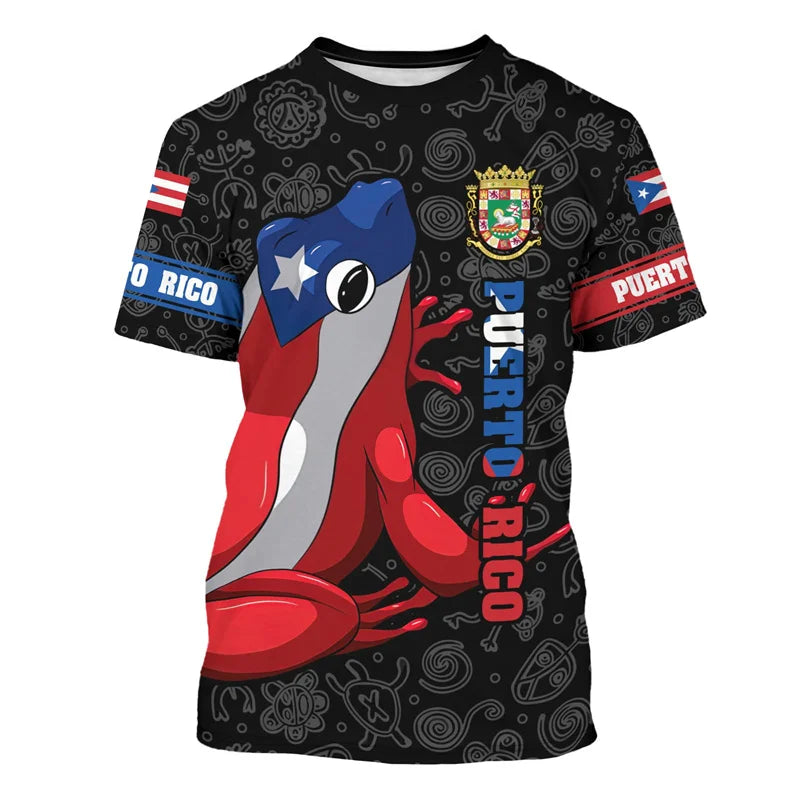 Puerto Rico Flag Pattern T-Shirt Men Frog National Emblem 3D Printed Short Sleeve Tees Summer Street Loose Tops O-Neck T Shirts