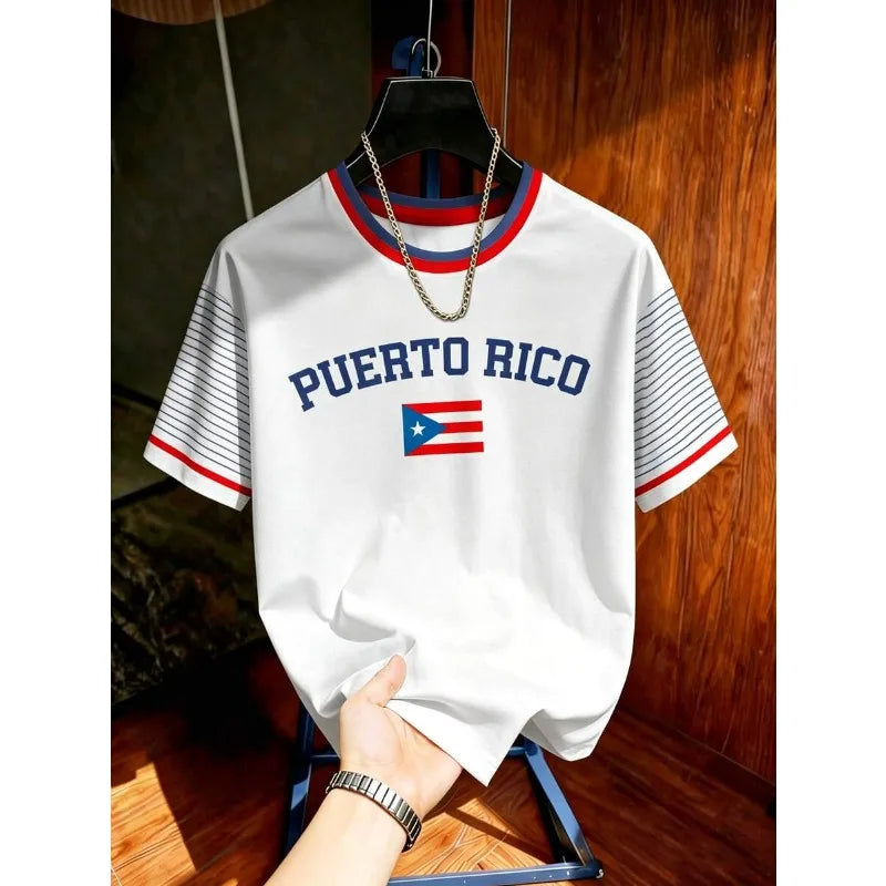 2026 Puerto Rico Patriotic Letter 3D Print Striped Raglan Sleeve Crew Neck T-Shirt Unisex Casual Streetwear Short Sleeve Top