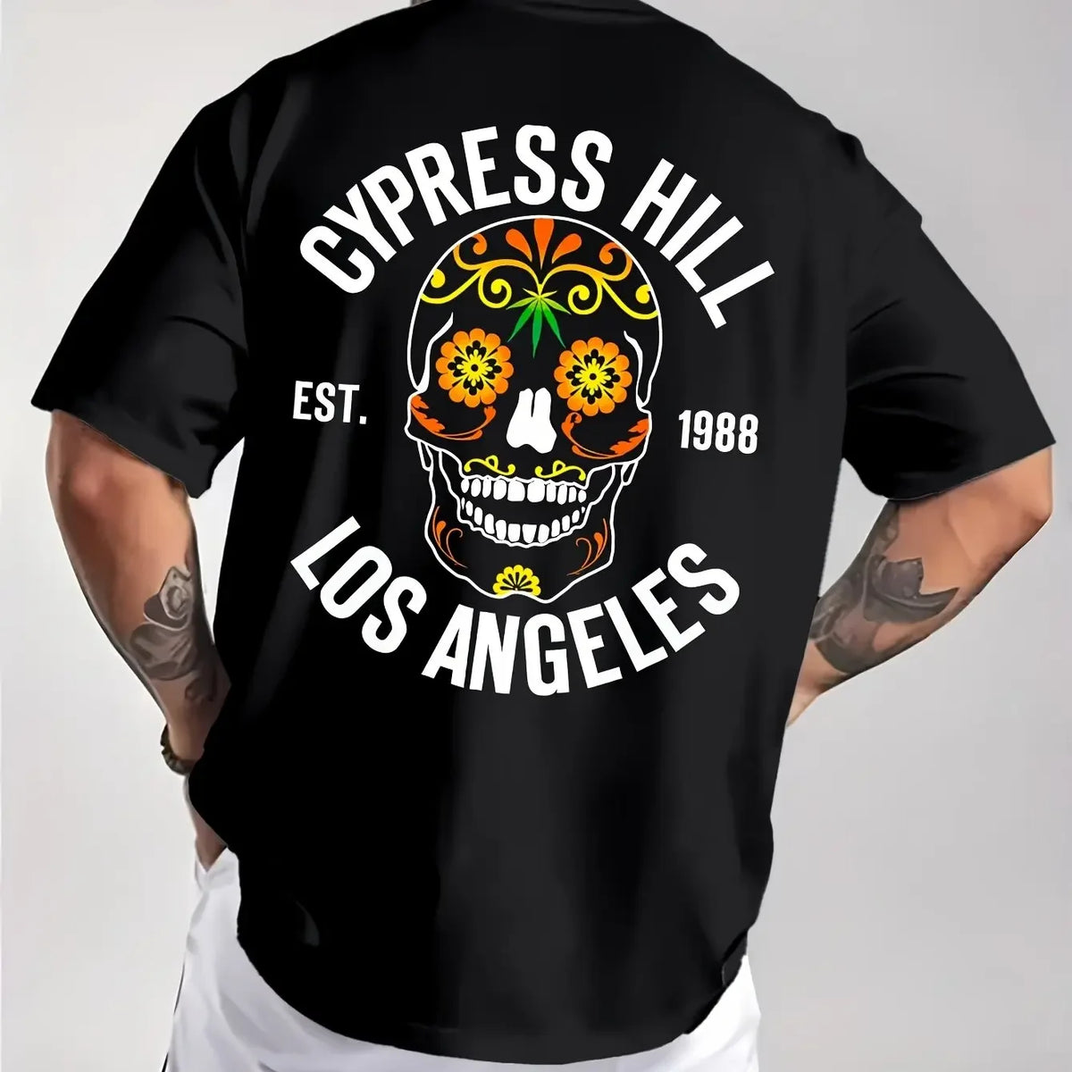 Los Angeles 1988 Sugar Skull Pattern Men's Pure Cotton T-shirt Hip Hop Street Top